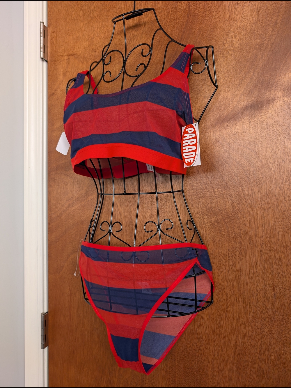 Parade Women’s Red & Navy Striped Mesh Bikini Top and Brief Set